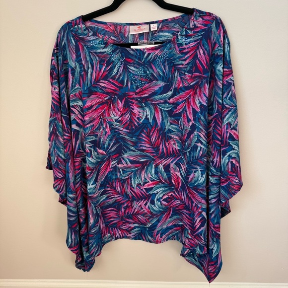 Quacker Factory Palm Printed Caftan Top Rhinestones Batwing Sleeves Blue Pink L - Picture 1 of 7